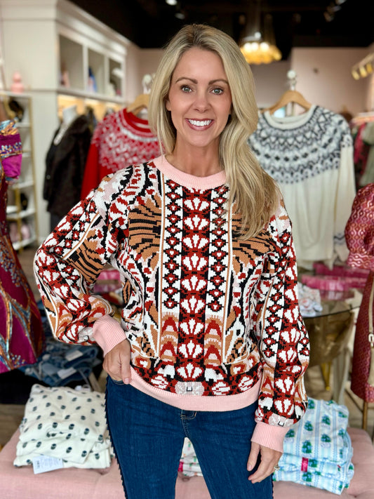 Solid Ribbed Detail Printed Sweater Top Multi