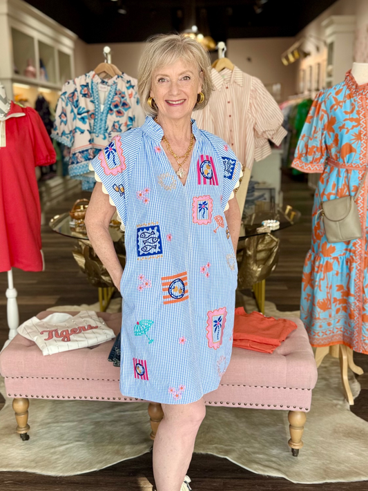 THML Short Sleeve Emboidery Detail Gingham Dress