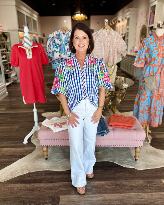 THML Puff Sleeve Embroidery Textured Top Blue Gingham