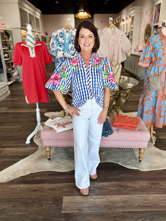 THML Puff Sleeve Embroidery Textured Top Blue Gingham