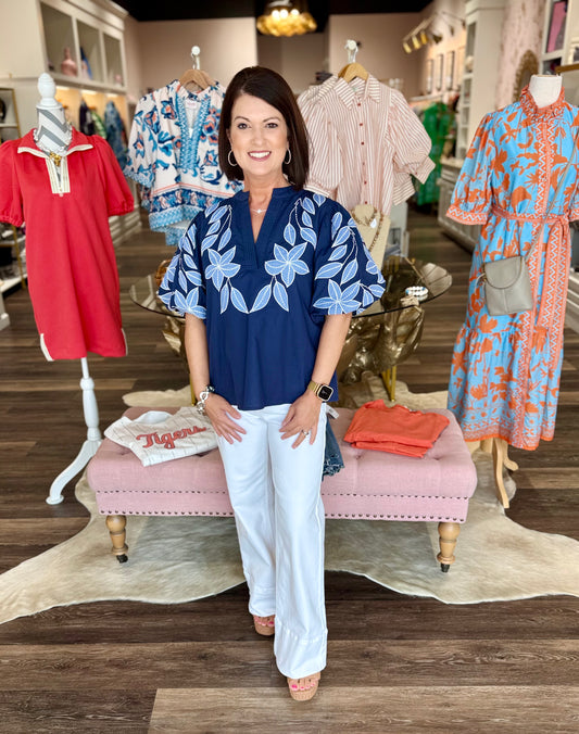 THML Puff Floral Embroidery Sleeve Top Navy