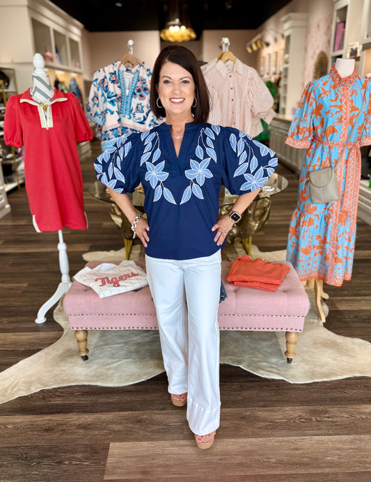 THML Puff Floral Embroidery Sleeve Top Navy