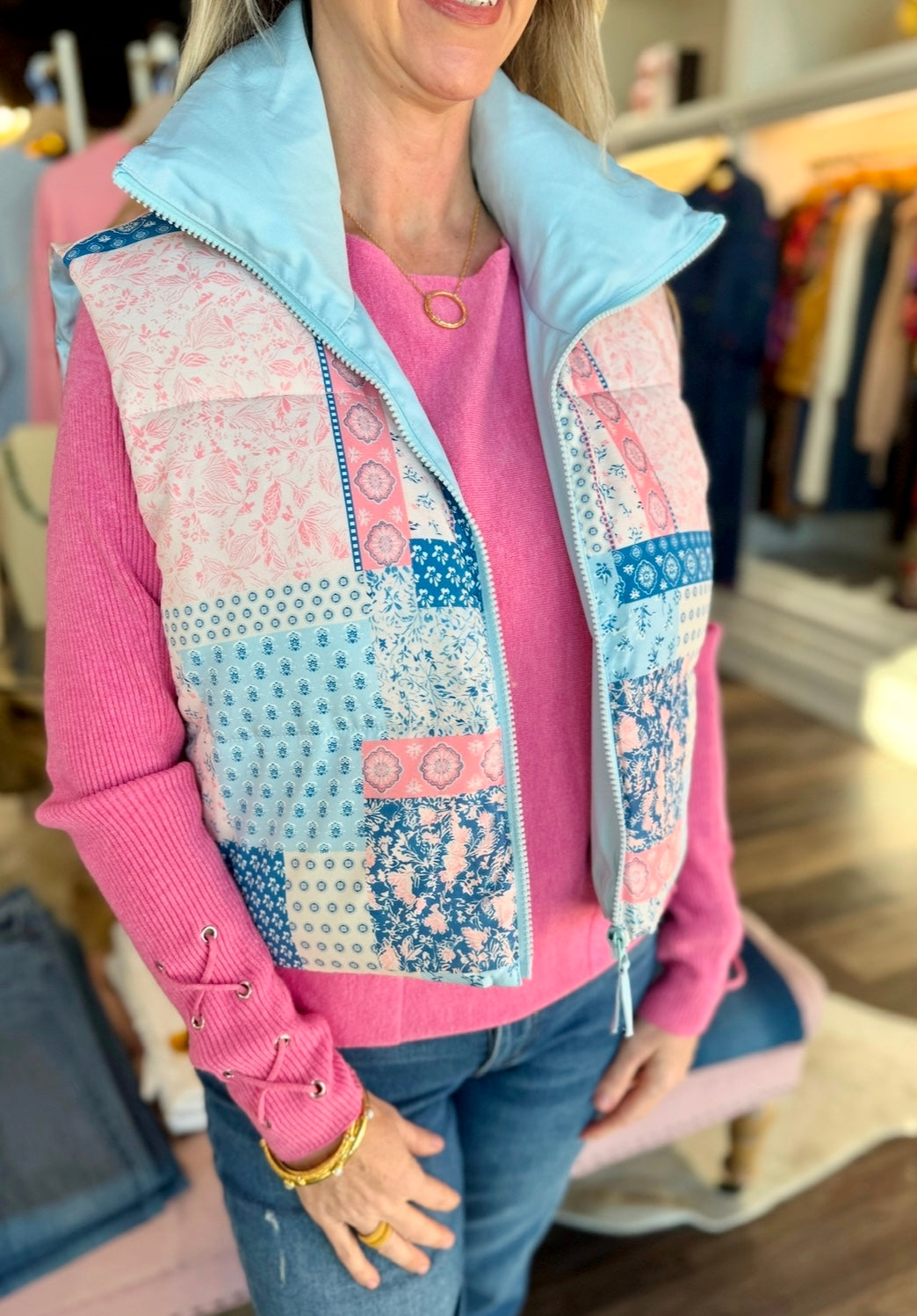 Cropped Floral Print Puffer Vest
