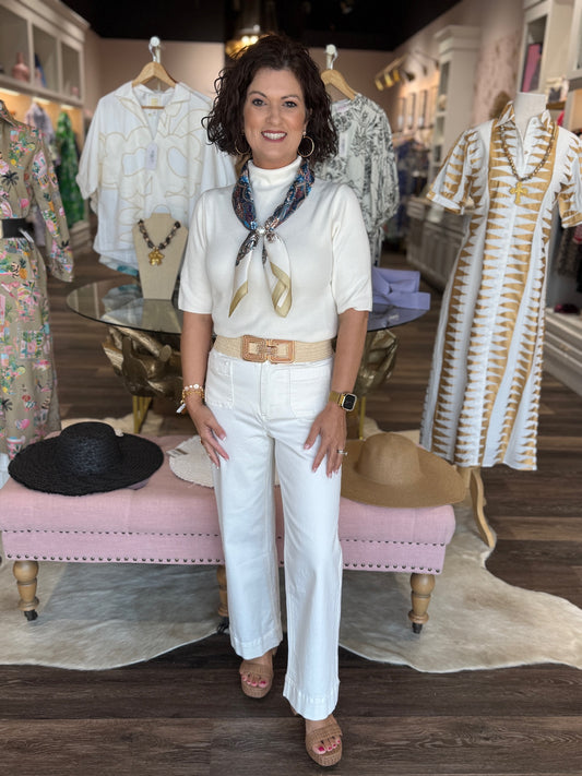 MOCK NECK HALF SLEEVE BASIC SWEATER TOP CREAM