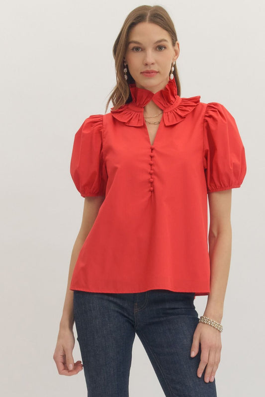 Puff Sleeve Half Button Top Red