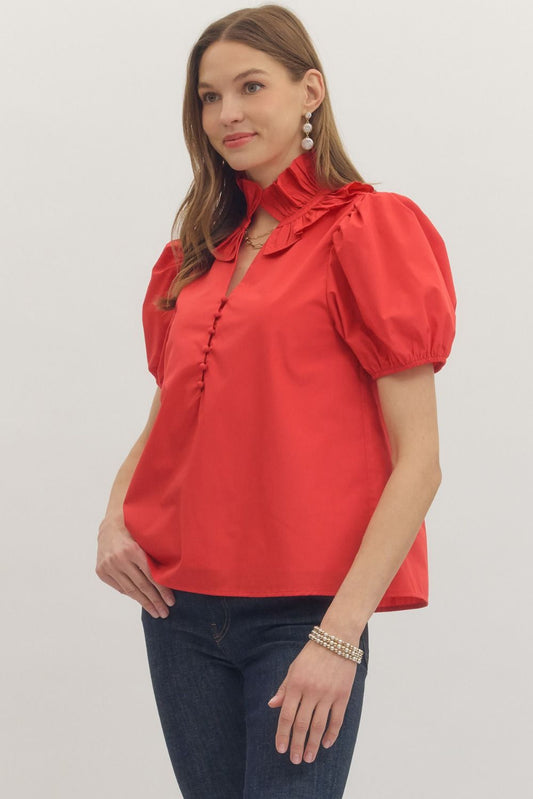 Puff Sleeve Half Button Top Red