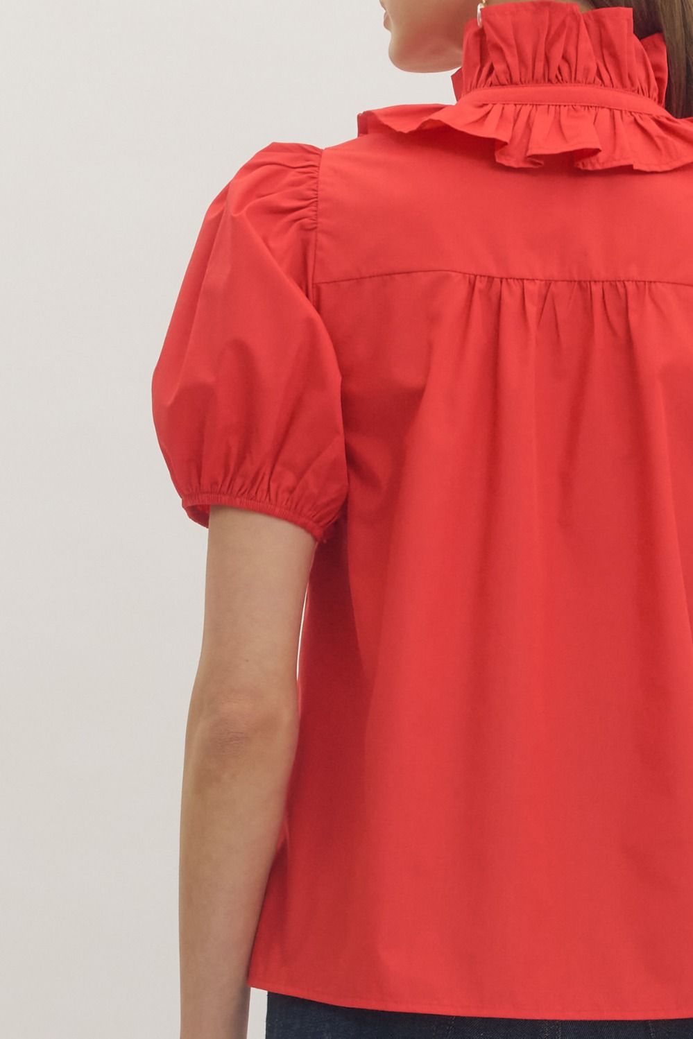 Puff Sleeve Half Button Top Red