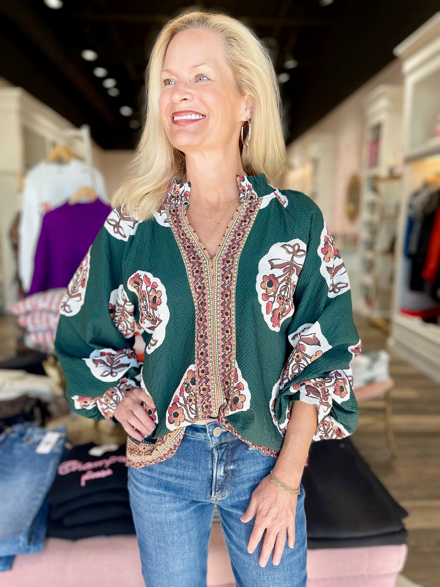 Floral Print Top in Forest Green