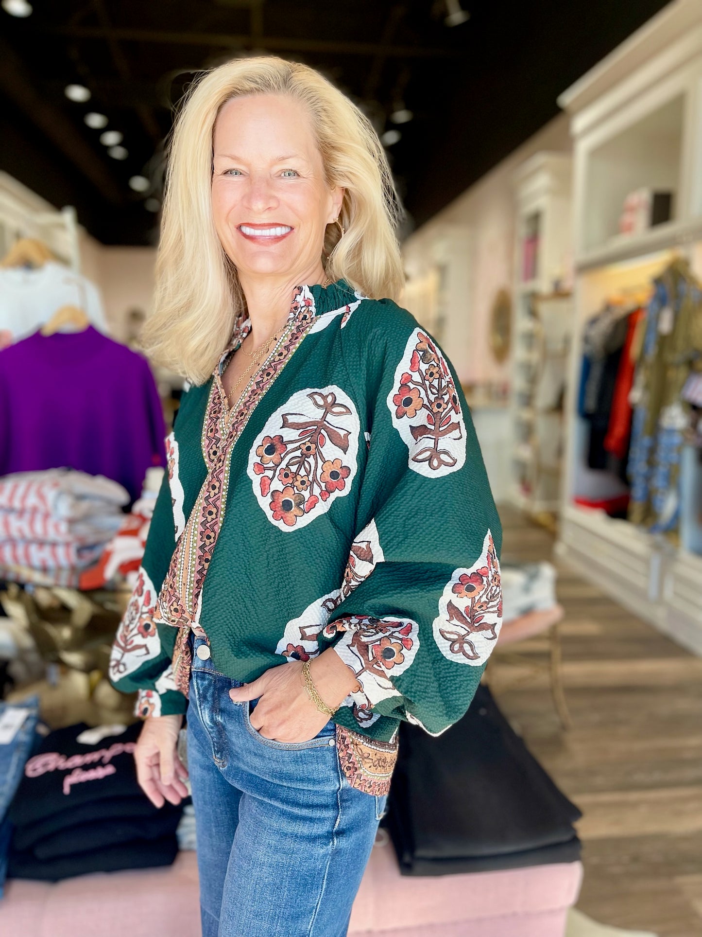 Floral Print Top in Forest Green