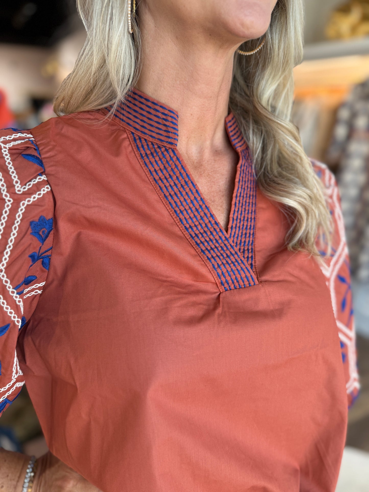 Embroidered 3/4 Sleeve Blouse Rust