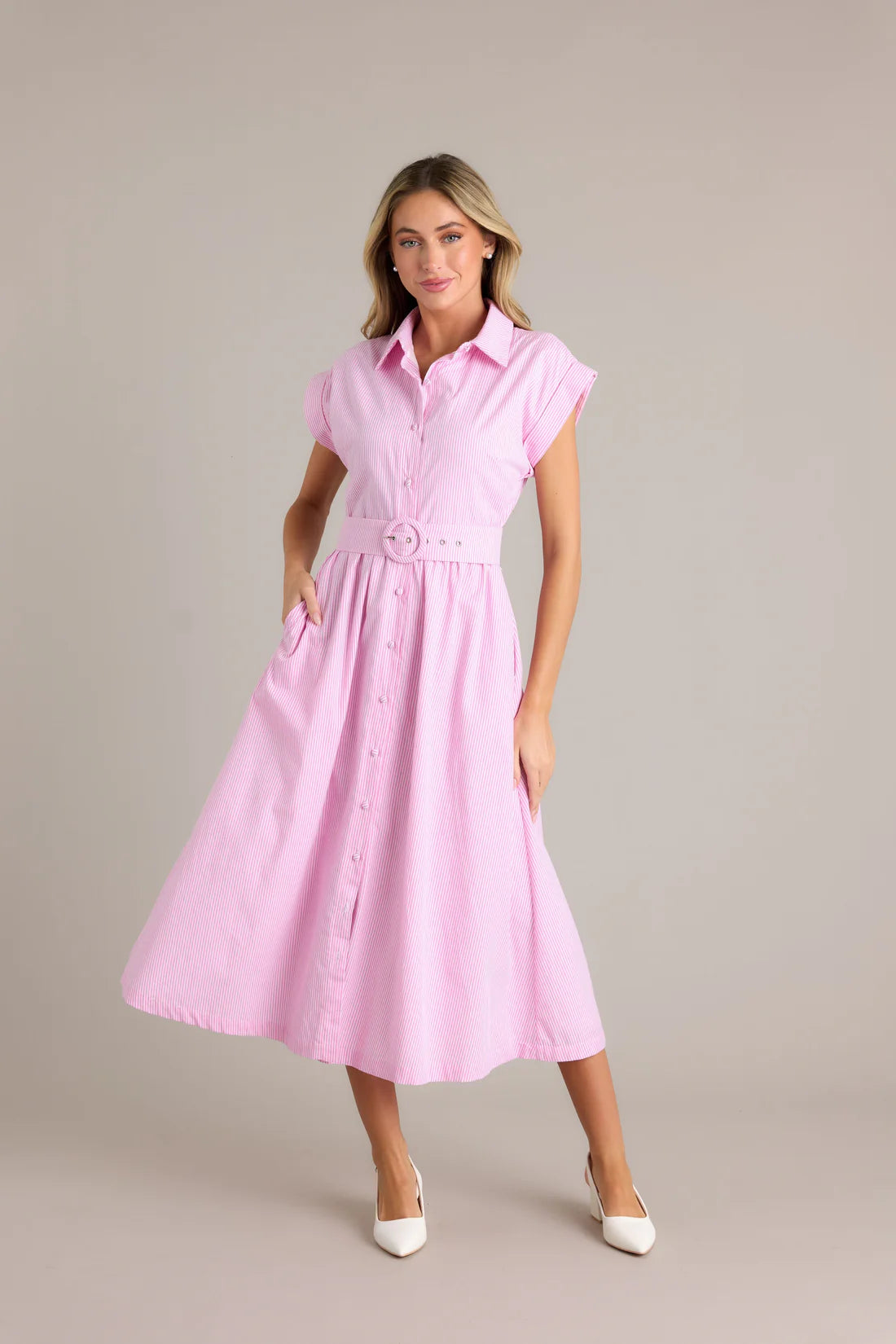 Prosperina Pink Striped Gia Midi Dress