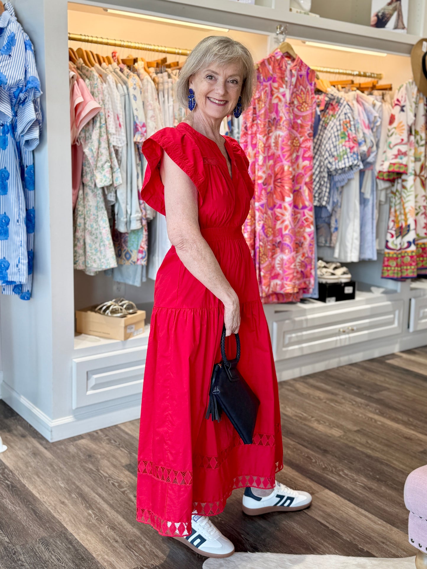THML Ruffled Sleeves V-Neck Tiered Midi Dress Red