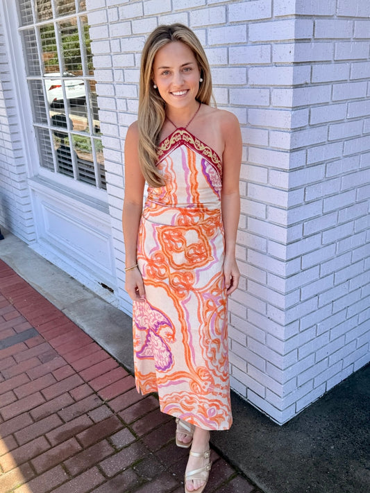 Brooklyn Border Printed Halter Neck Midi Dress