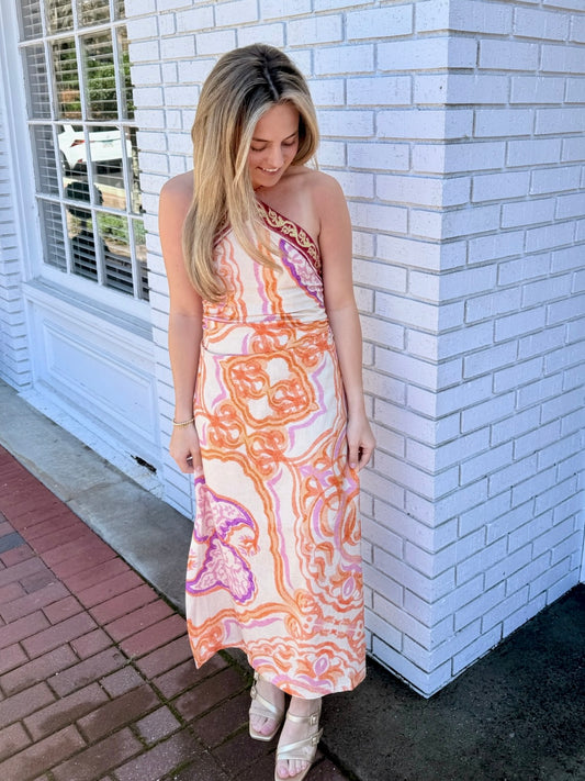 Brooklyn Border Printed Halter Neck Midi Dress
