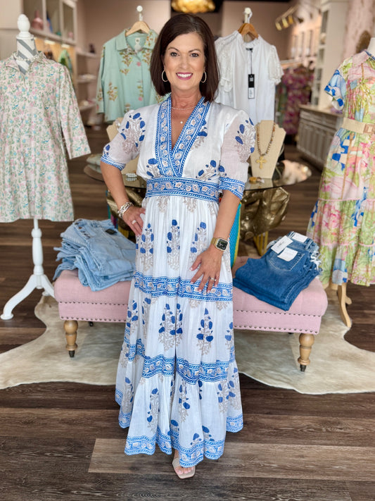 Oliphant V- Neck Cuffed Maxi Laguna Blue