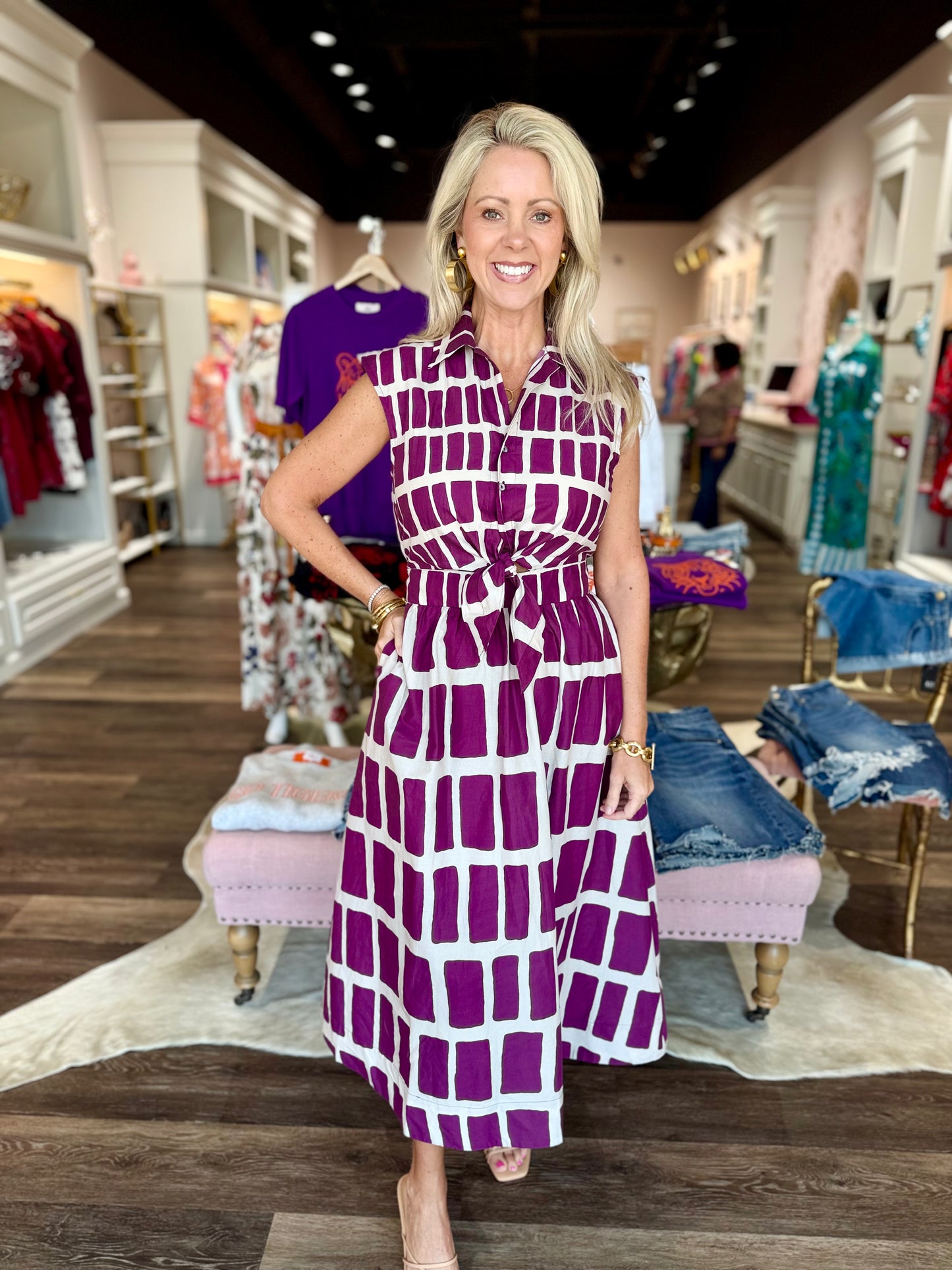 Brick Pattern Midi Dress Purple