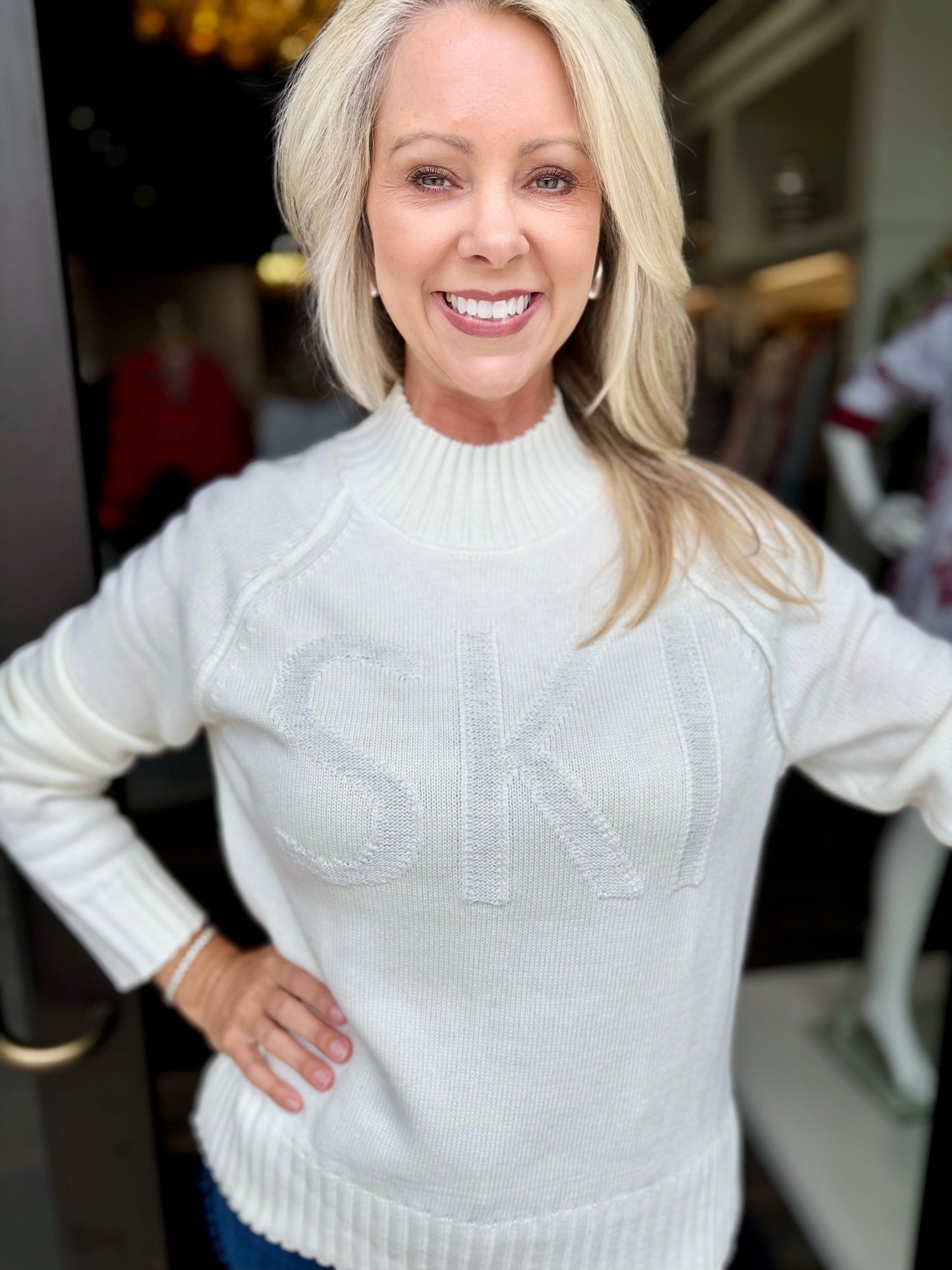 Charlie B Jacquard Mock Neck Ski Sweater - Ecru