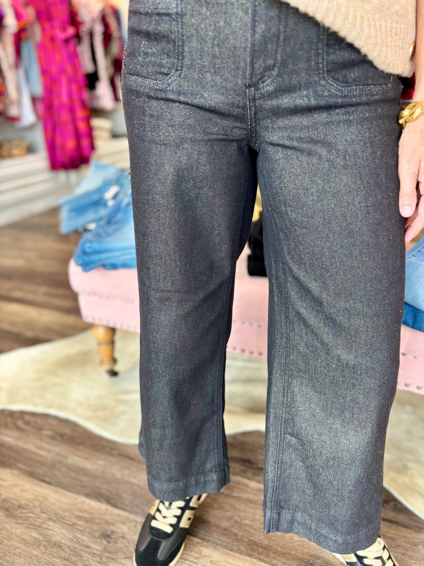 Charlie B Cropped Patch Pocket Flare Twill Pants Lurex Black