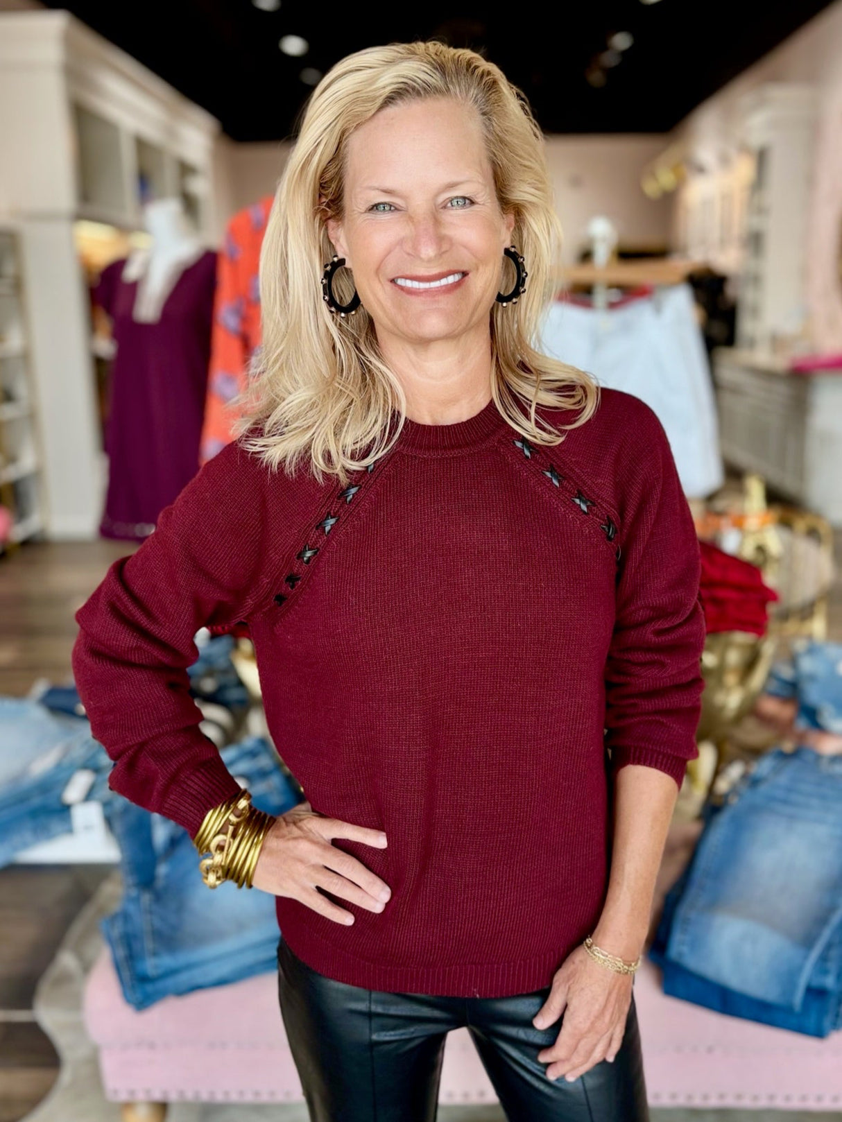 Raglan Sleeves Crew Neck Sweater with Faux Leather Detail Cabernet