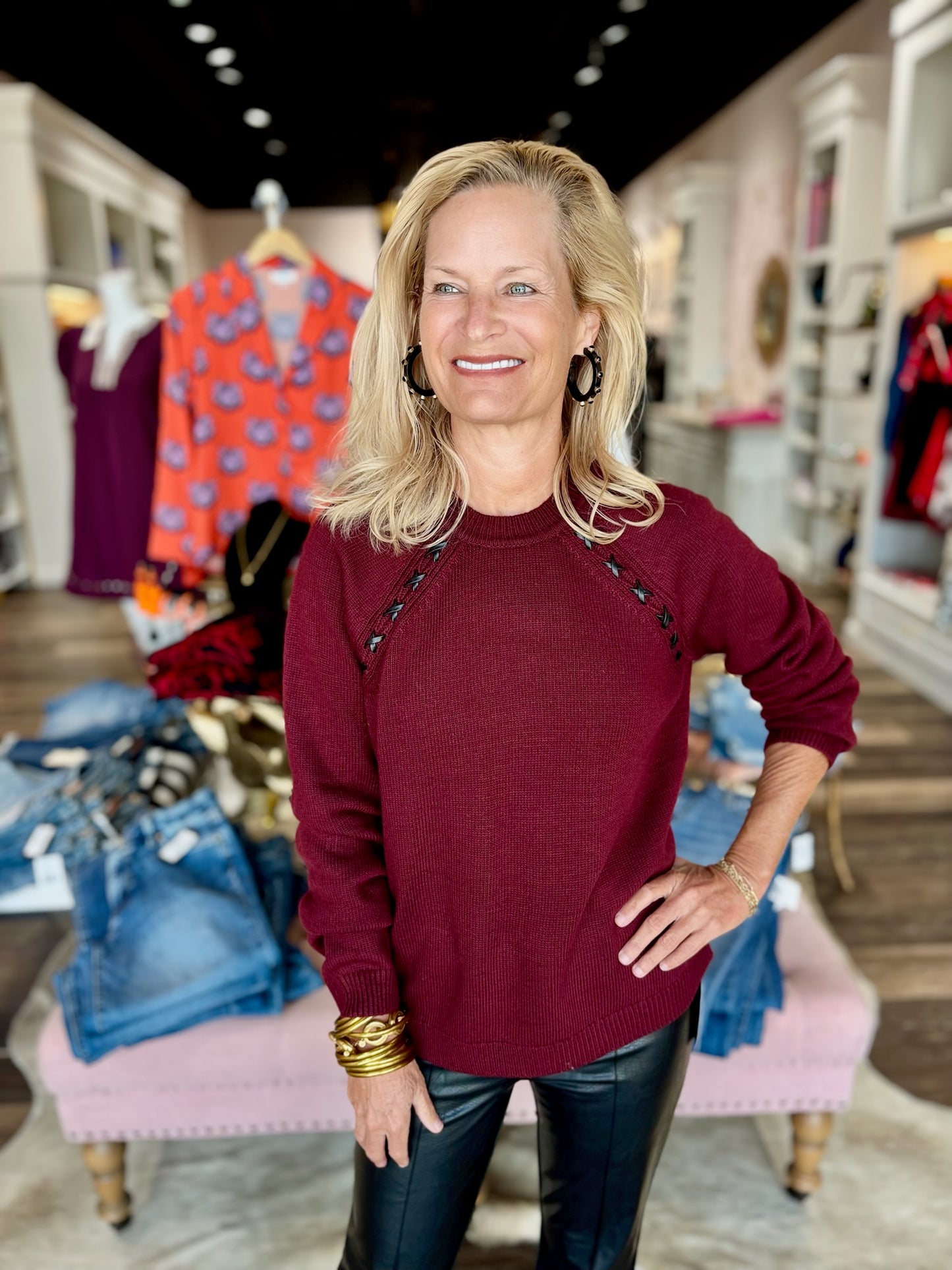 Raglan Sleeves Crew Neck Sweater with Faux Leather Detail Cabernet