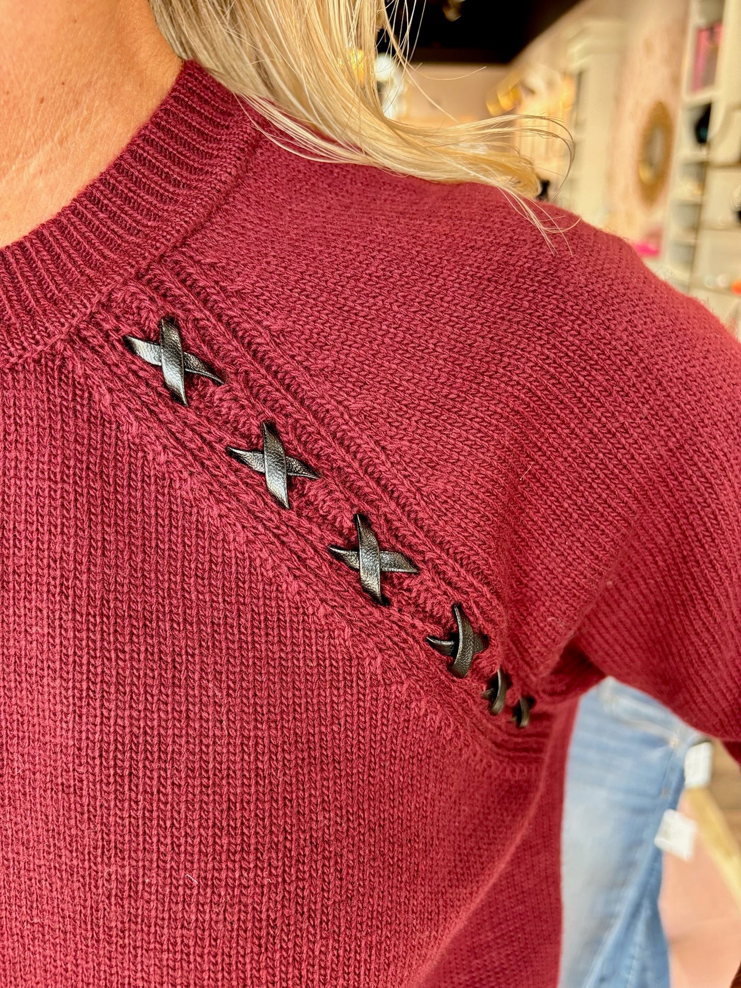 Raglan Sleeves Crew Neck Sweater with Faux Leather Detail Cabernet
