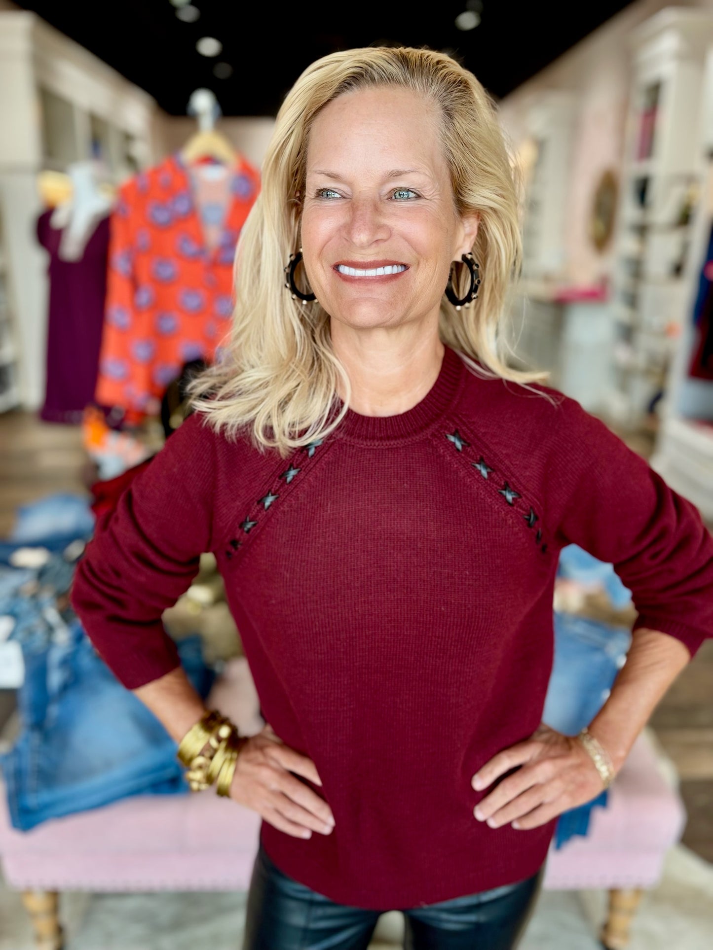 Raglan Sleeves Crew Neck Sweater with Faux Leather Detail Cabernet