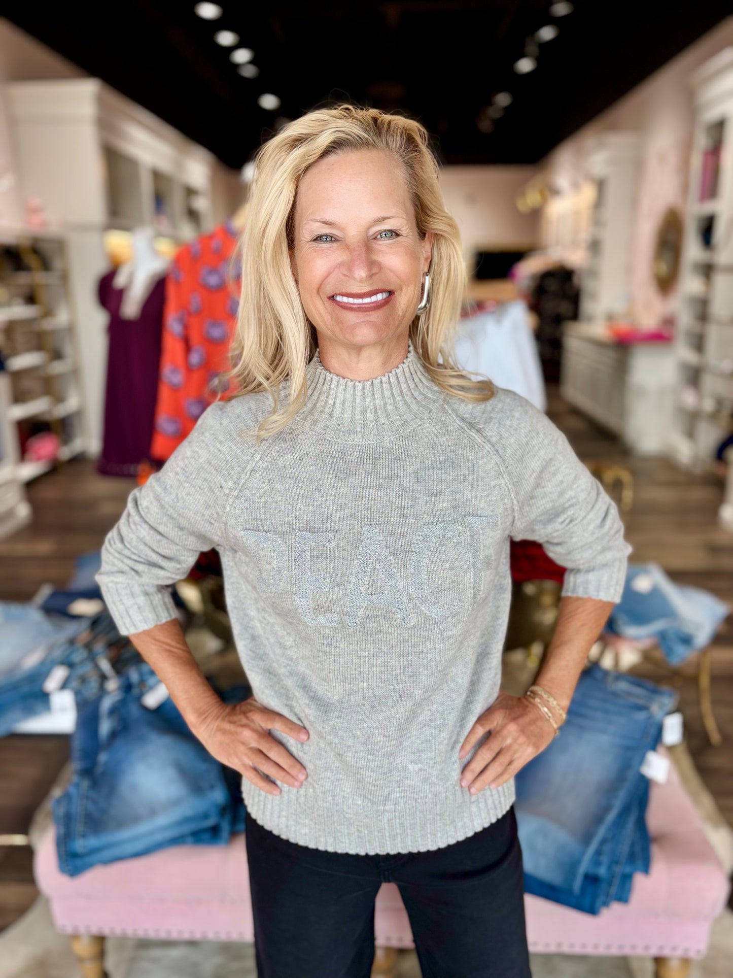 Charlie B Jacquard Mock Neck Peace Sweater - Heather Light Grey