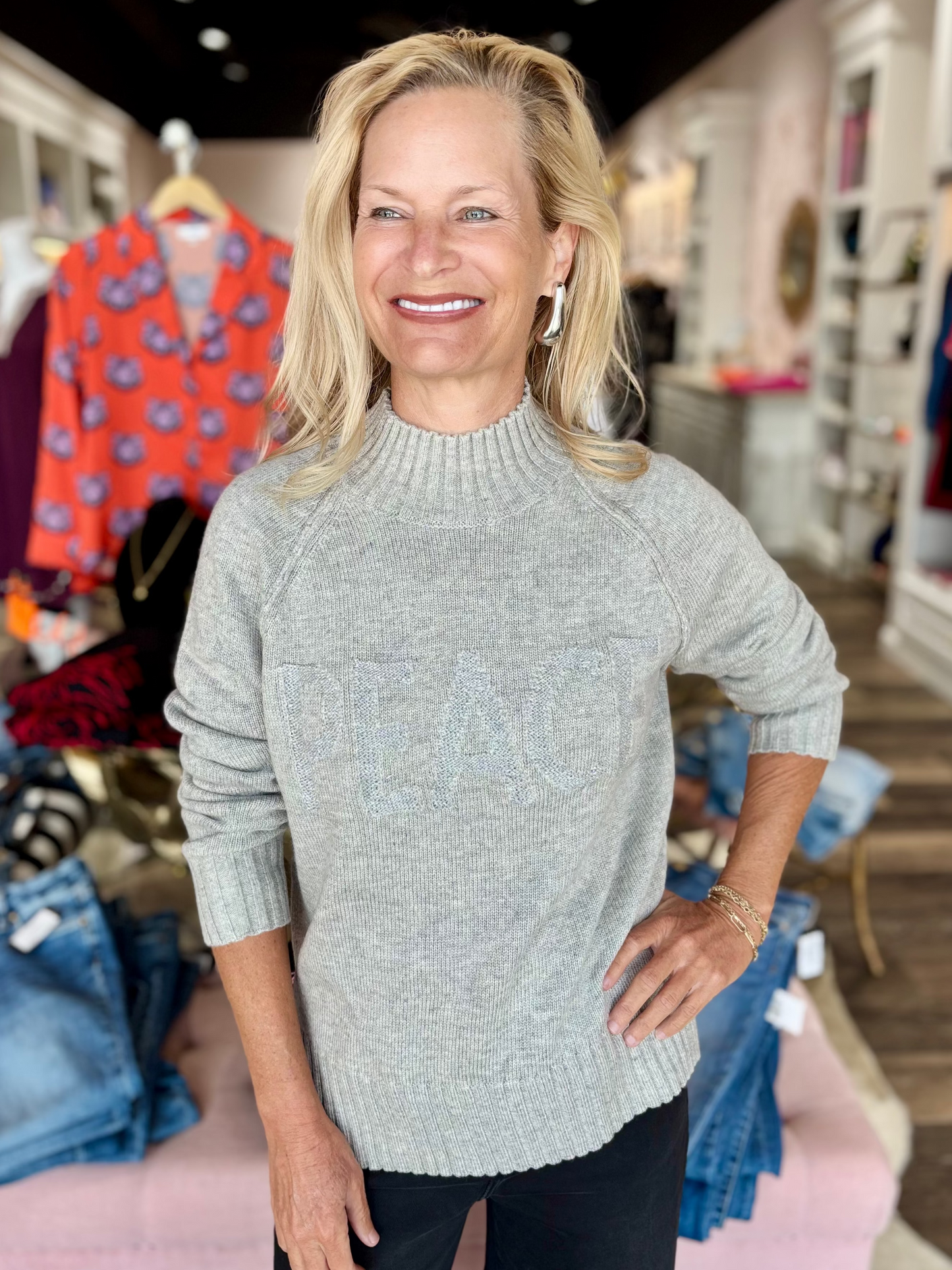 Charlie B Jacquard Mock Neck Peace Sweater - Heather Light Grey