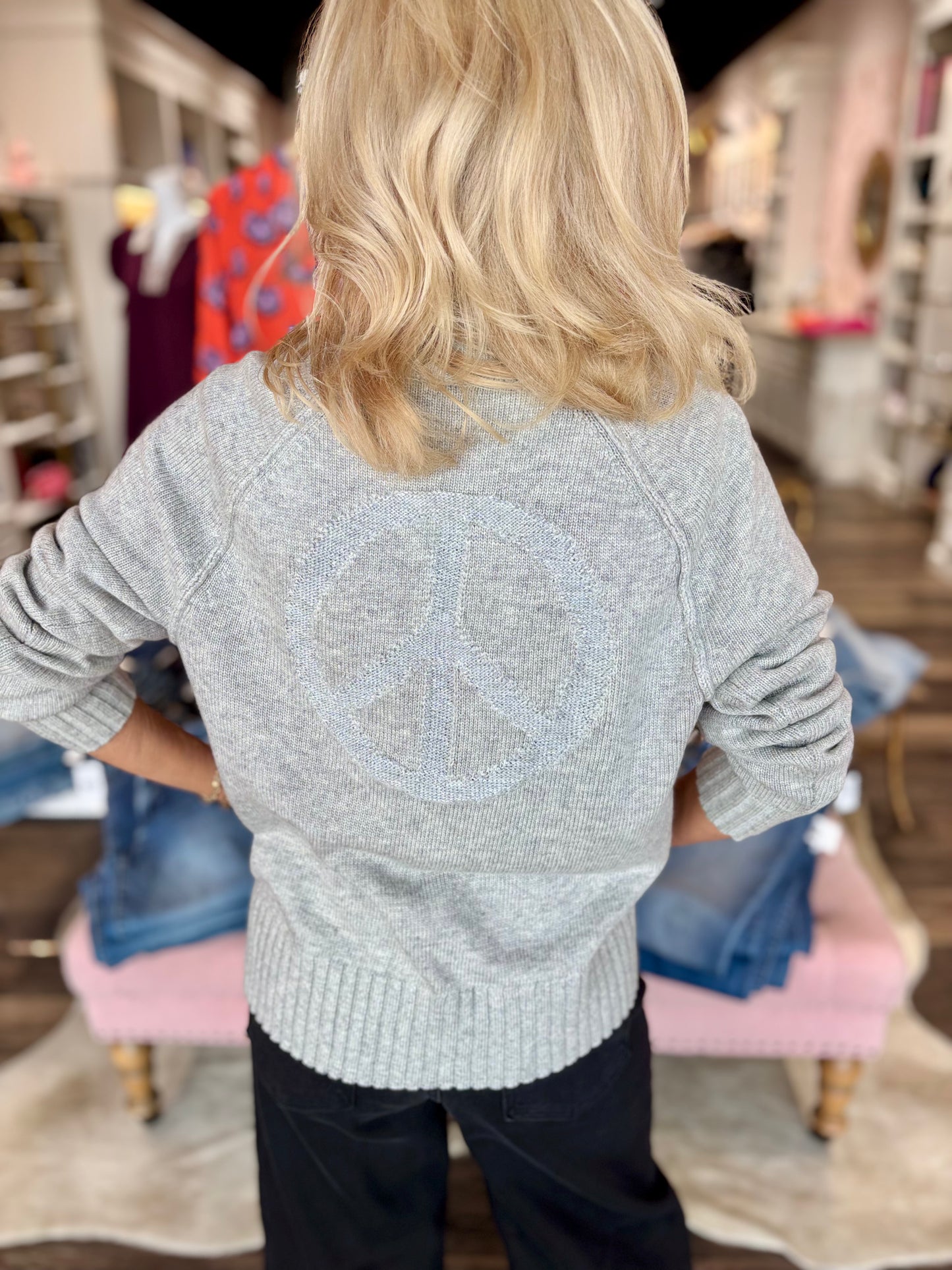 Charlie B Jacquard Mock Neck Peace Sweater - Heather Light Grey