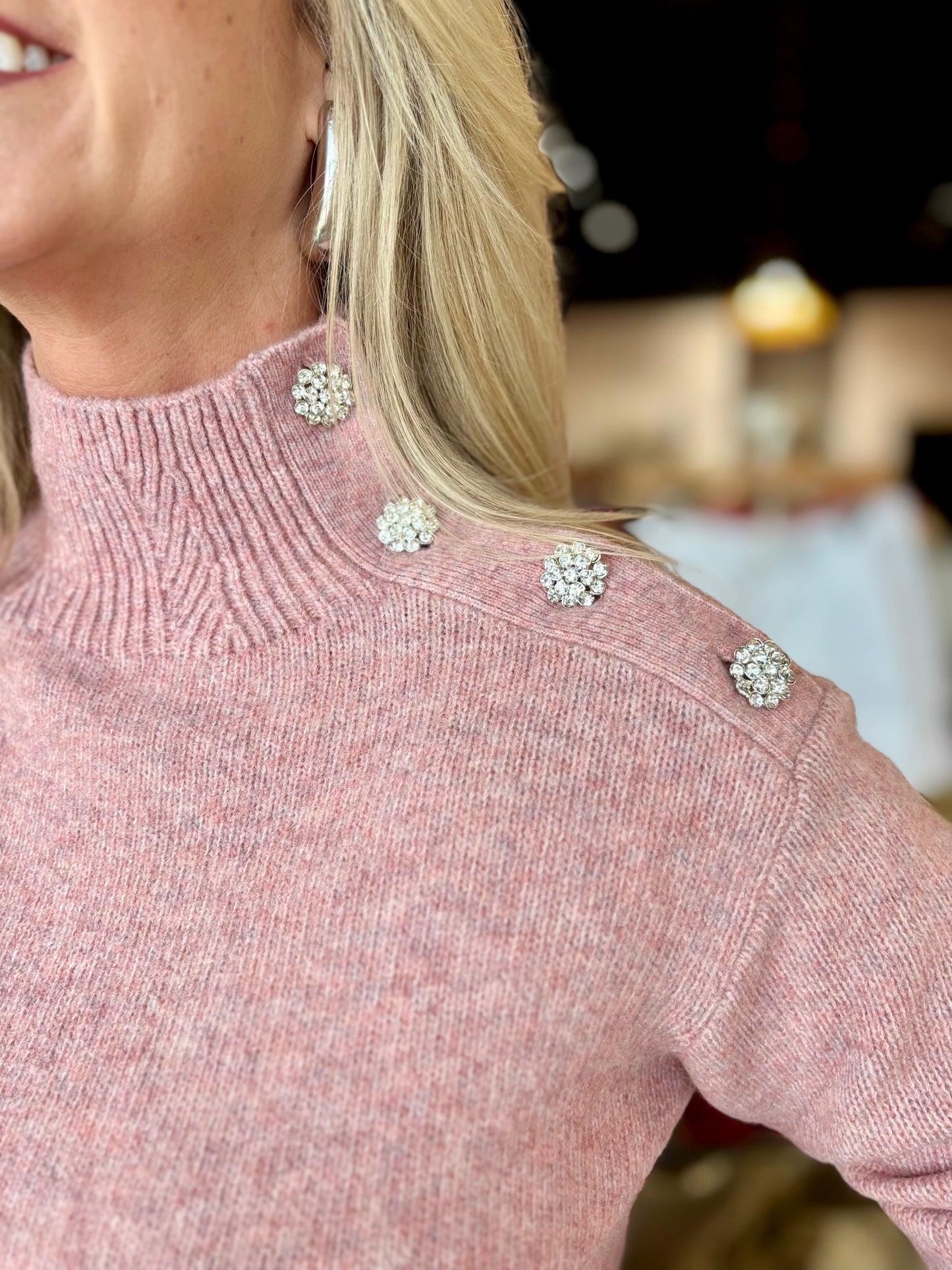 Charlie B Pink Mock Neck Sweater with Rhinestone Buttons