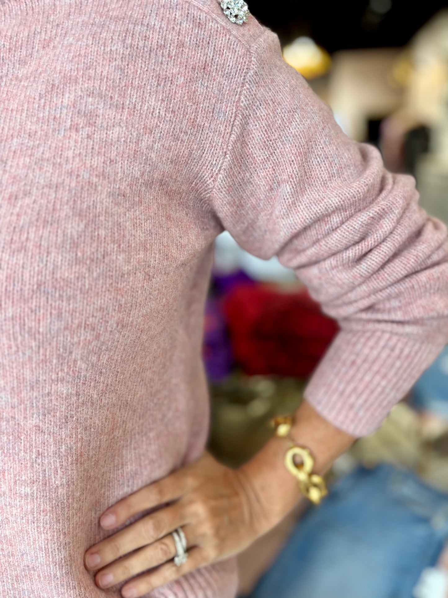Charlie B Pink Mock Neck Sweater with Rhinestone Buttons