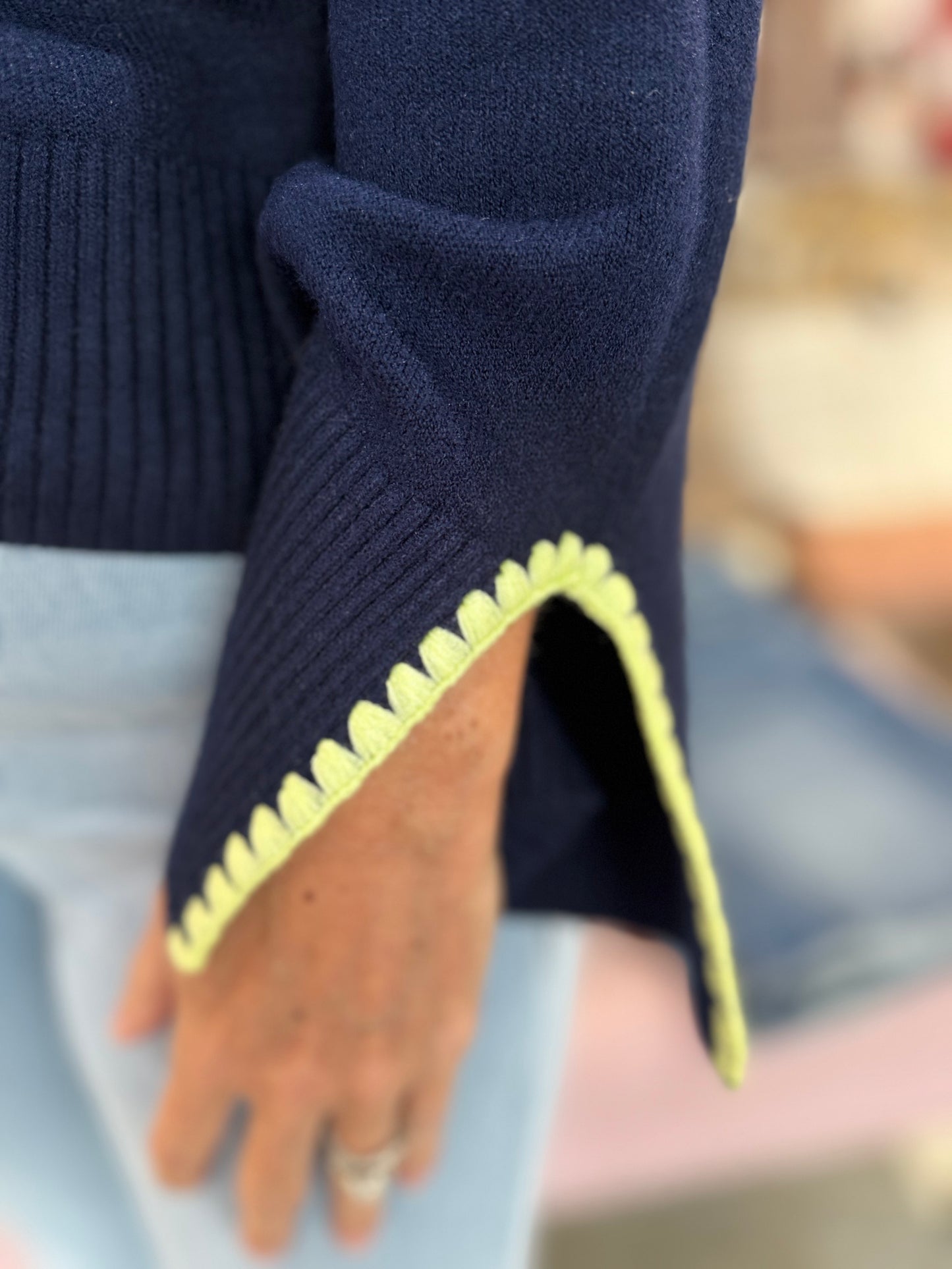 Charlie B Mock Neck with Zipper and Crochet Details Navy