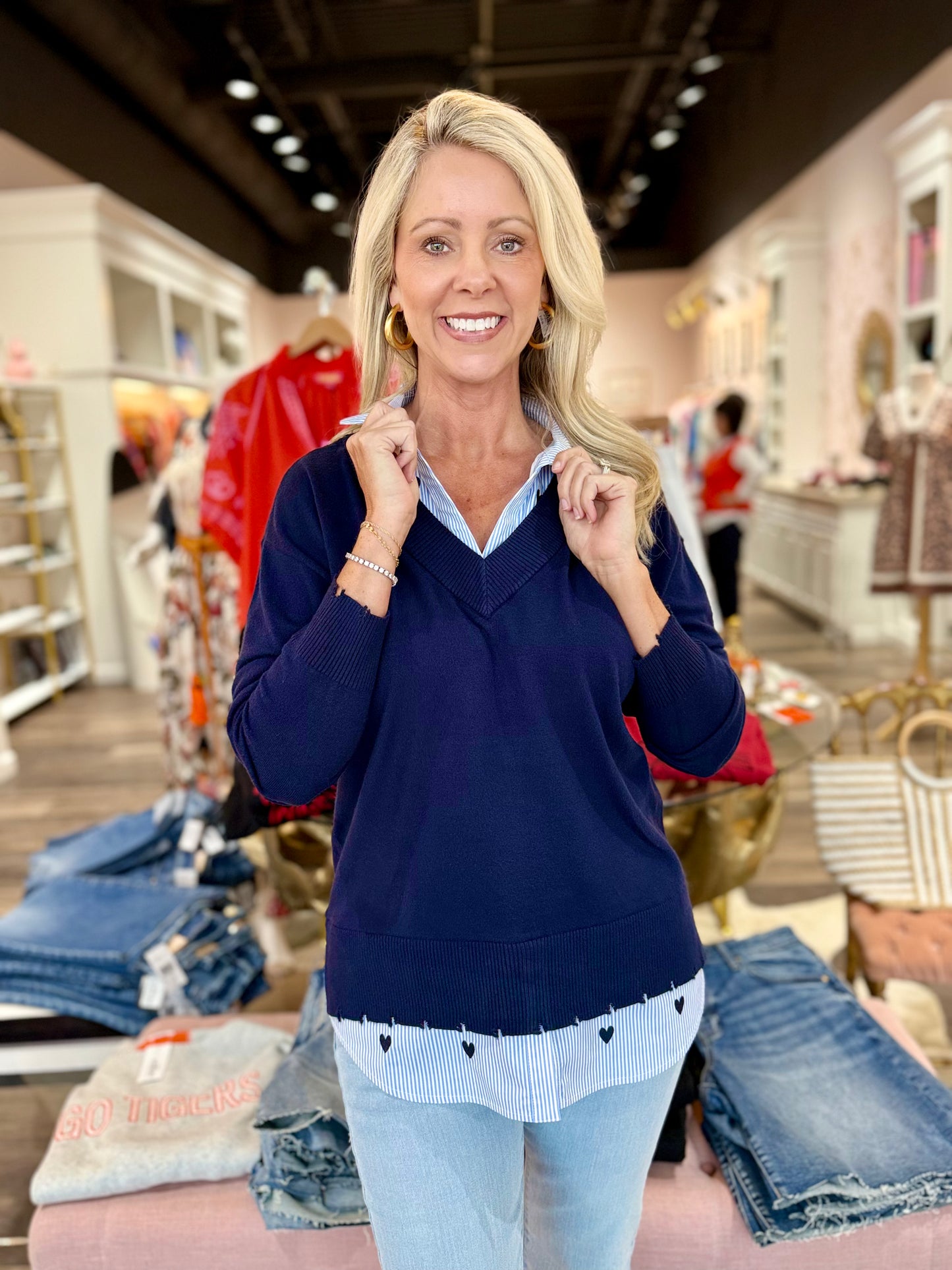 Charlie B V-Neck Fooler Sweater Navy Heart