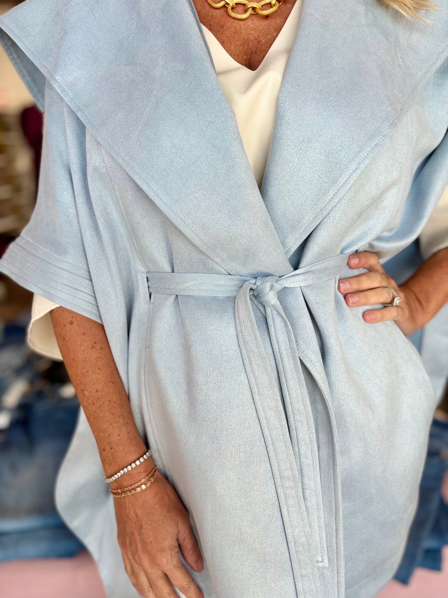 Boho Chic Blue Belted Suede Cape