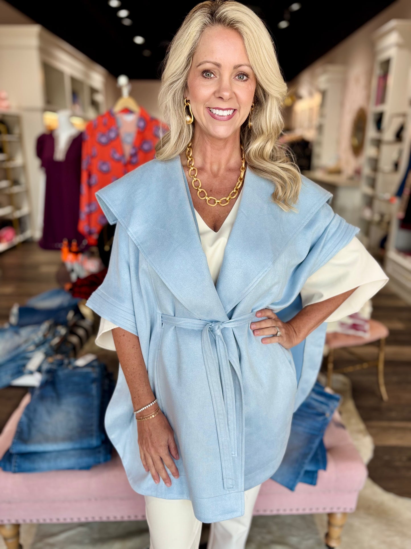 Boho Chic Blue Belted Suede Cape