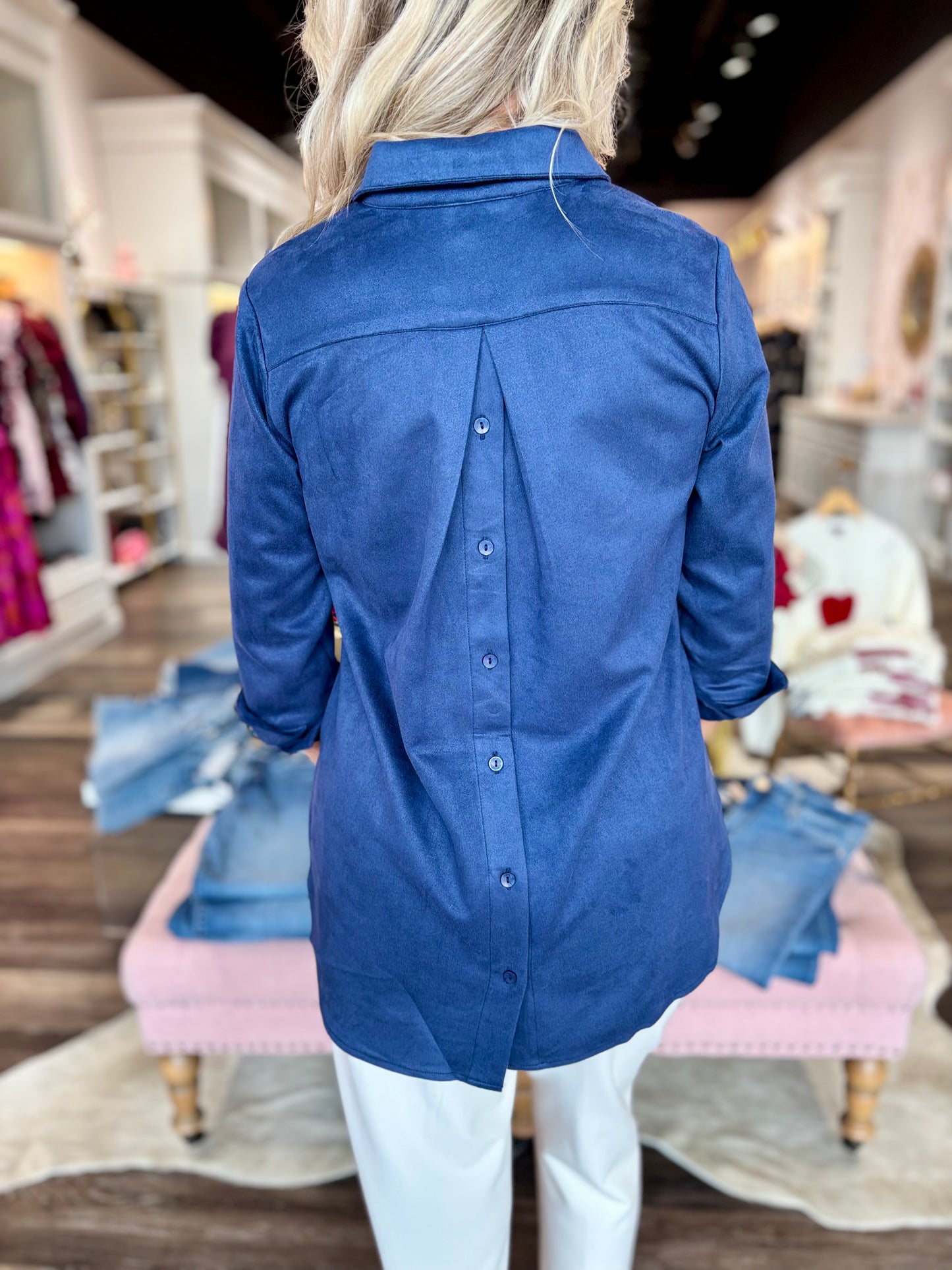 Boho Chic Navy Button Up Suede Blouse