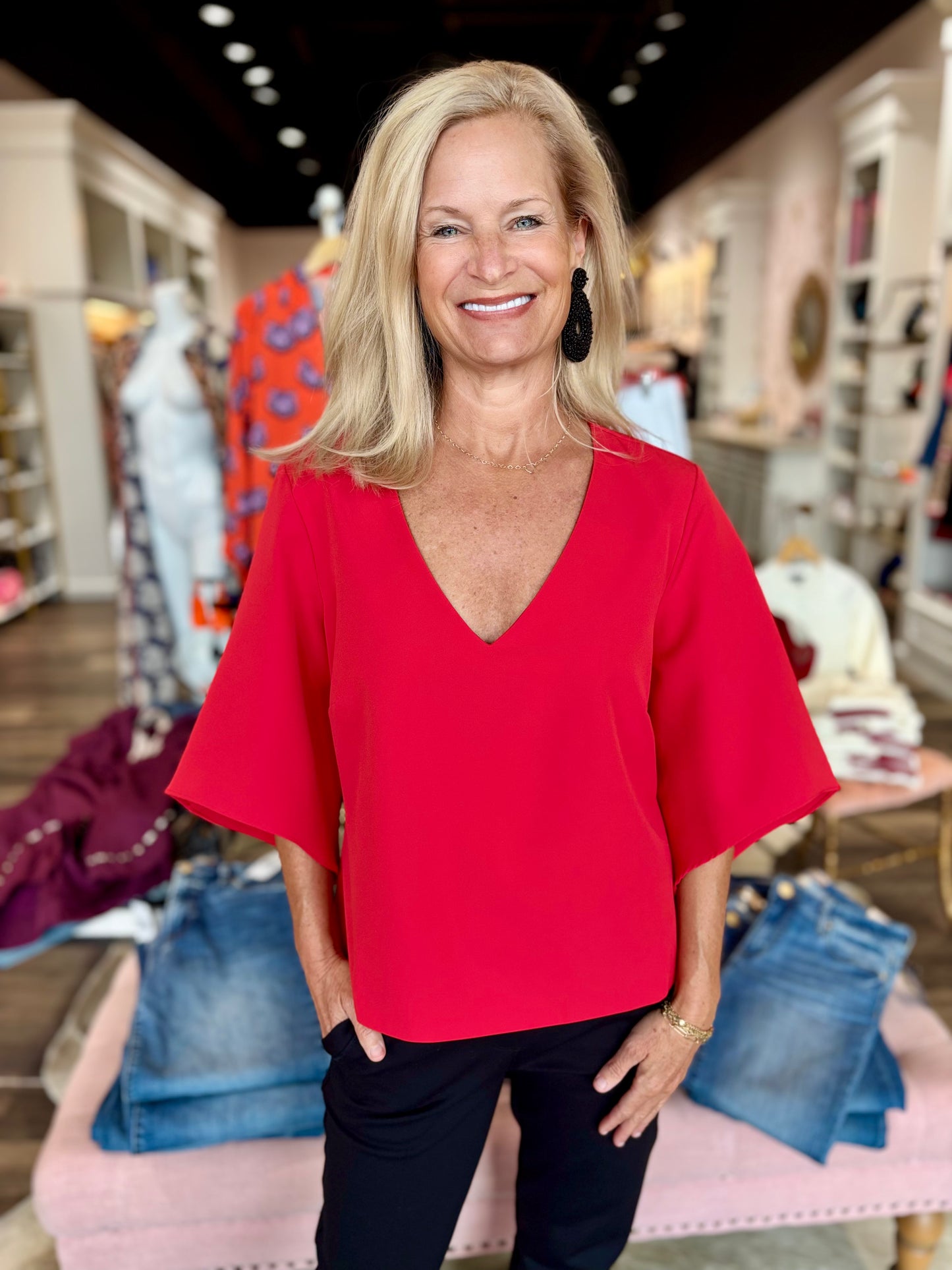 Tribal Signature Crepe Flutter Sleeve V-Neck Blouse Carmine