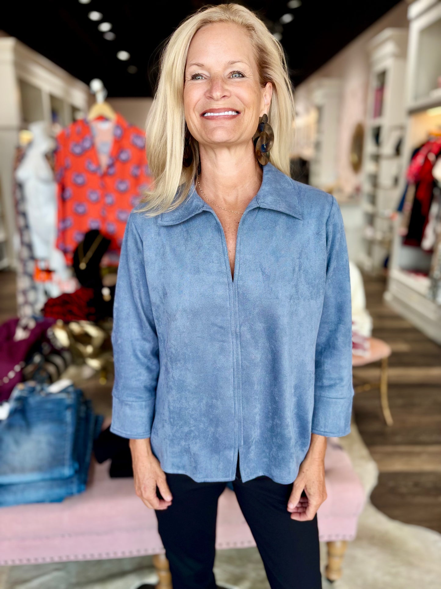 Boho Chic Blue Suede V-Neck Blouse