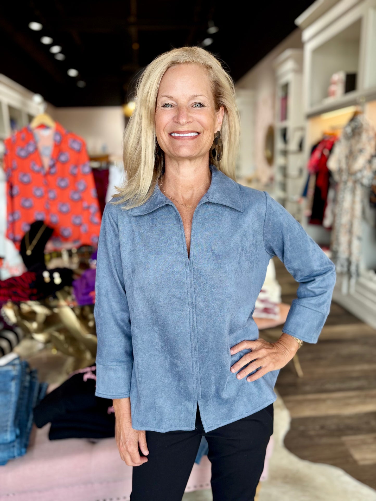 Boho Chic Blue Suede V-Neck Blouse