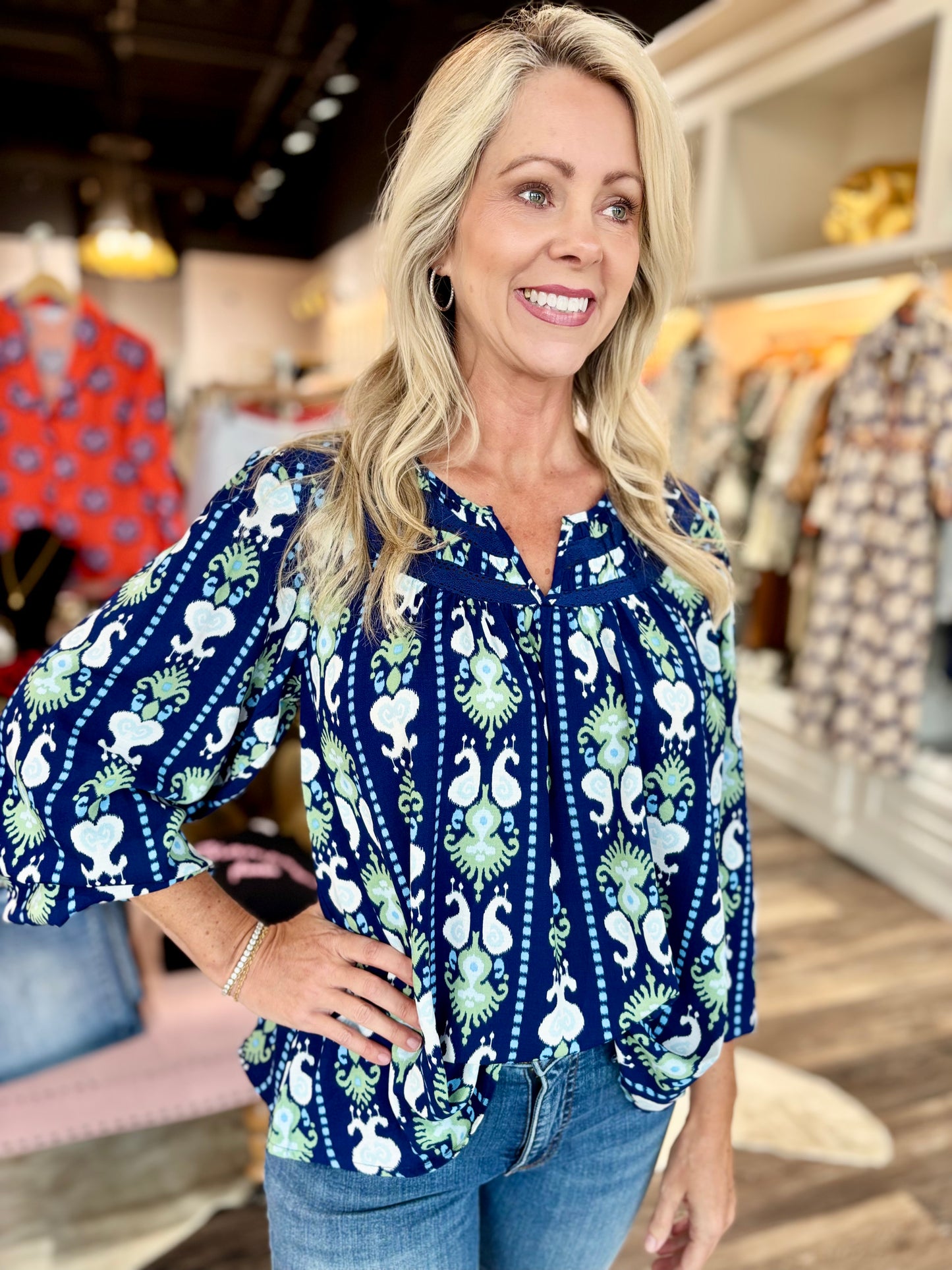 Janelle Top Ikat Stripe Navy