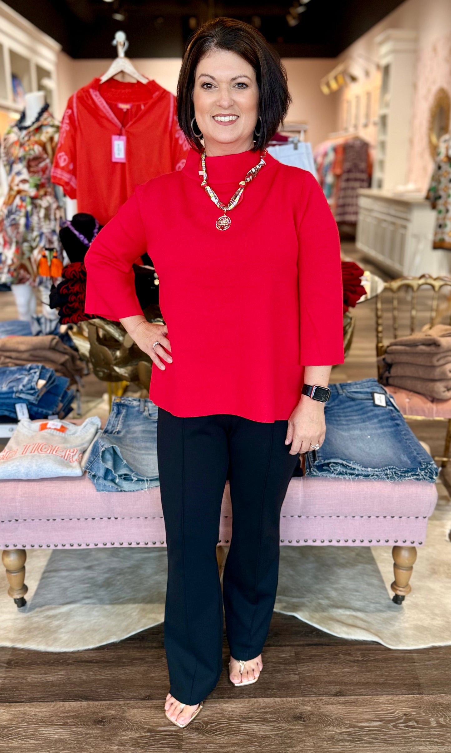 Mock Neck Bell Sleeve Sweater Red
