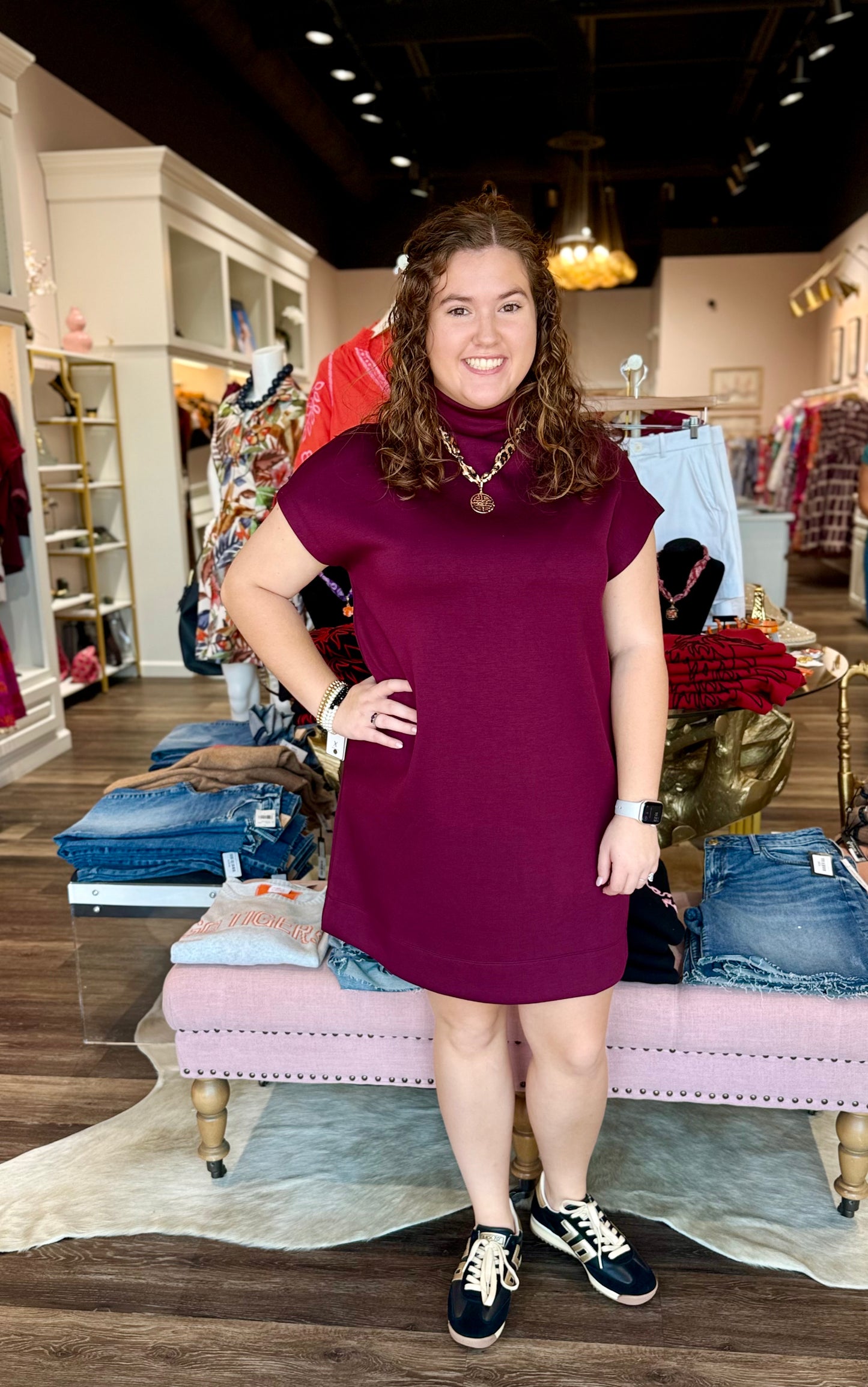 Mock Neck Short Dress with Pockets Wine