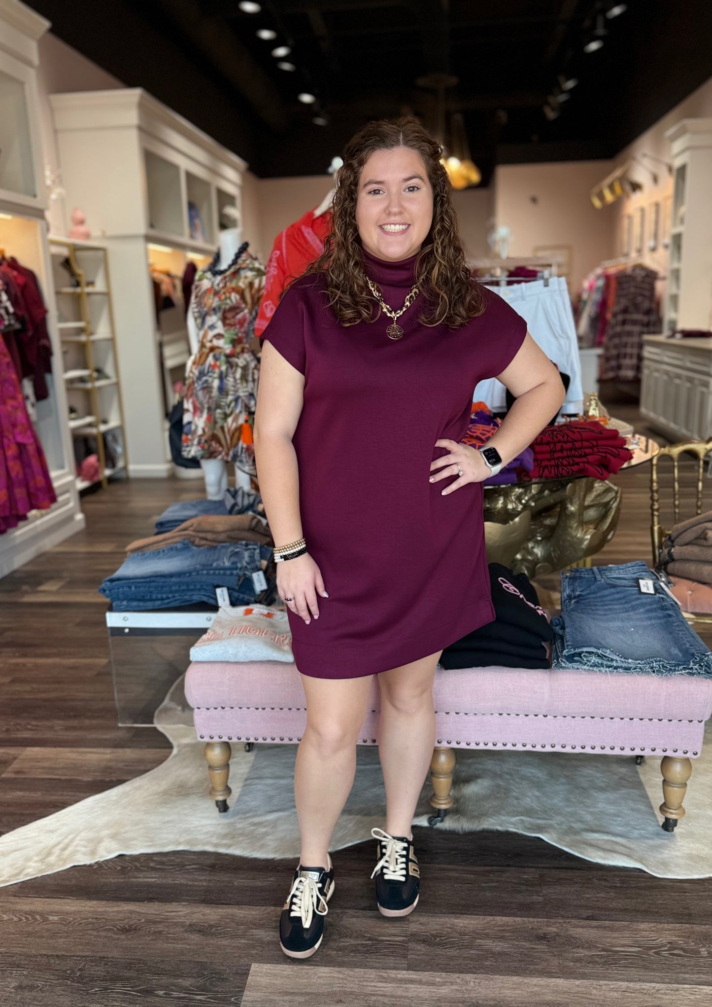Mock Neck Short Dress with Pockets Wine