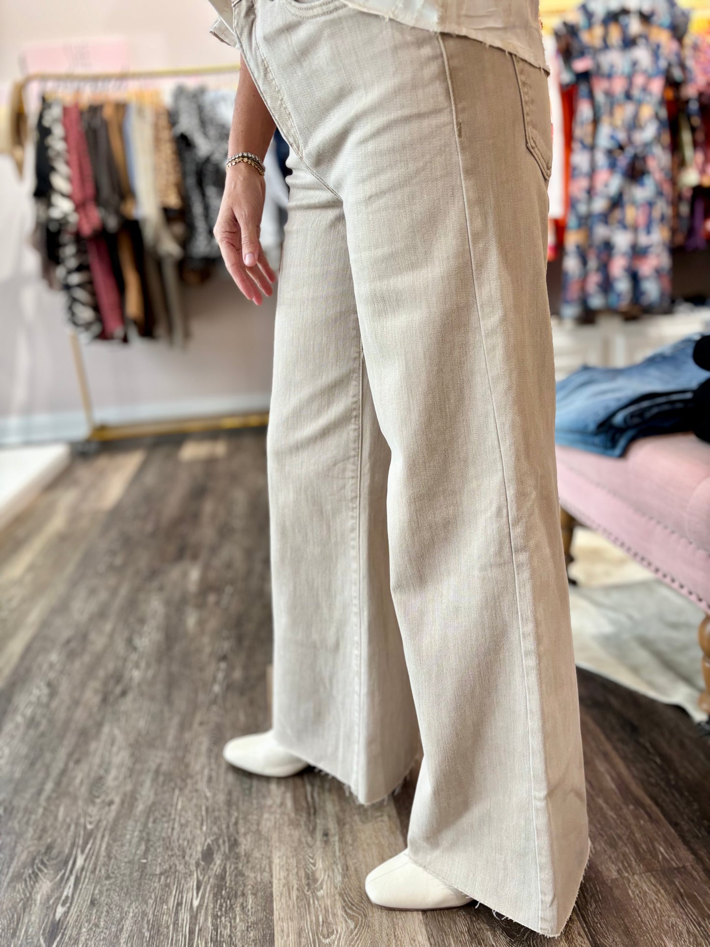 Risen High Rise Tummy Control Lurex Taupe Jeans