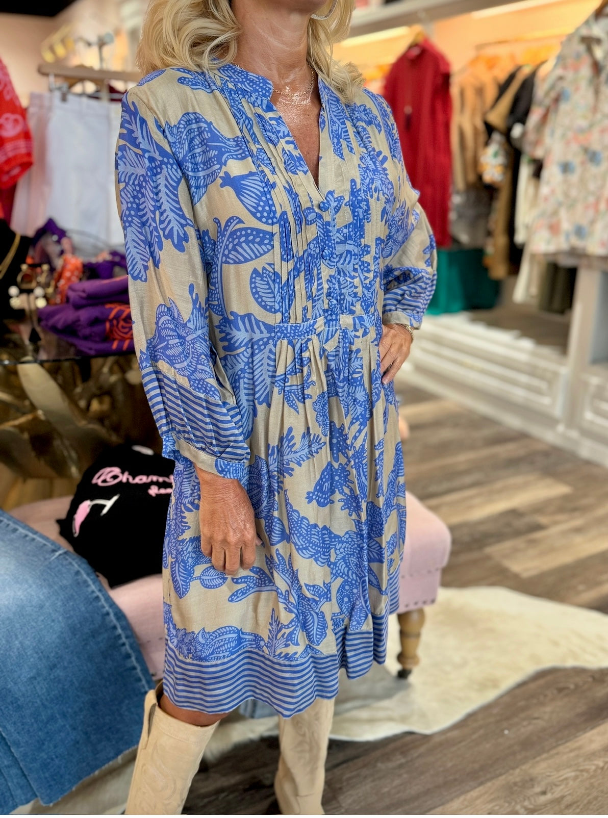 La Plage Vineyard Dress Bali Floral Taupe/Blues