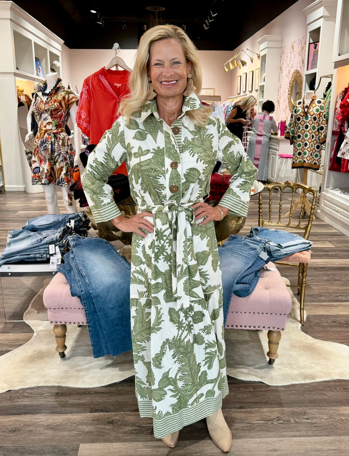 La Plage Town Midi Dress- Bali Floral Pesto Extra small La Plage Town Midi Dress- Bali Floral Pesto Extra small
