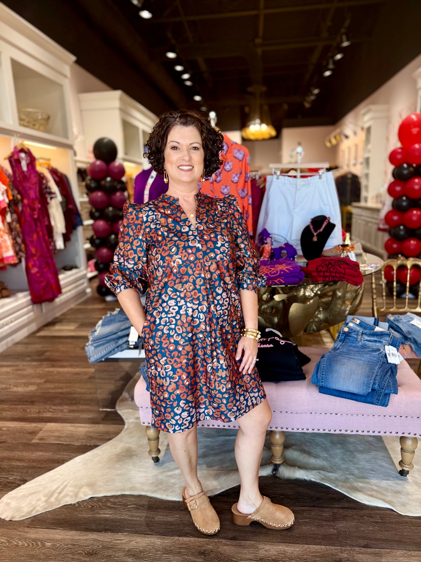 Joy Joy V Neck Corduroy Front Yoke Dress Fall Leopard