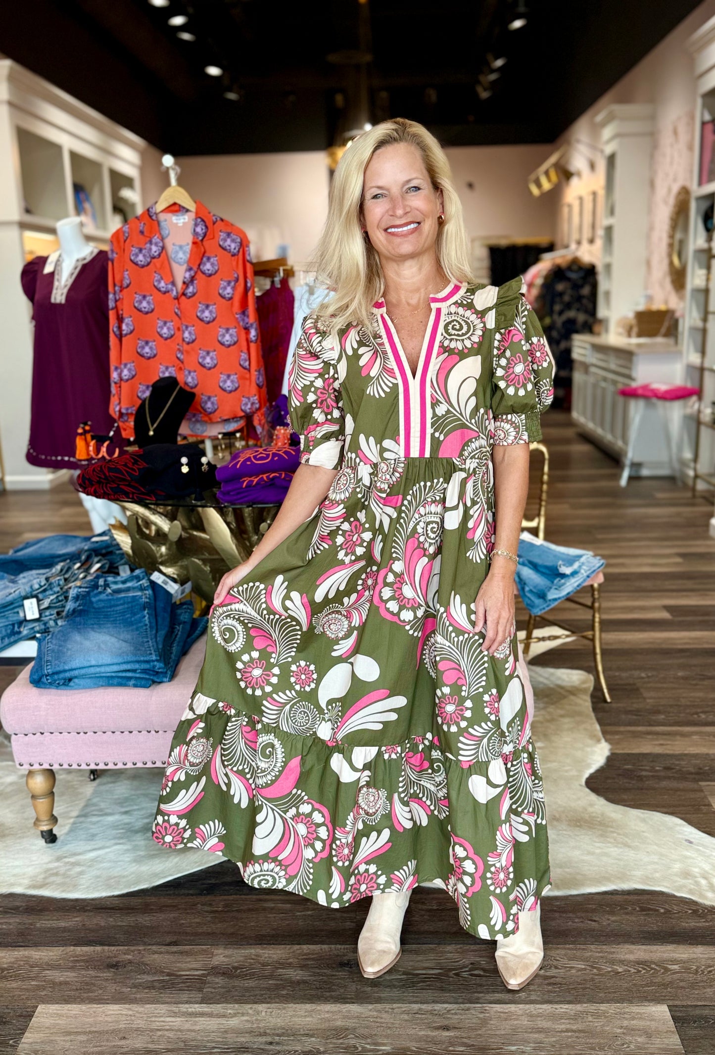 Paisley Tiered Midi Dress Olive