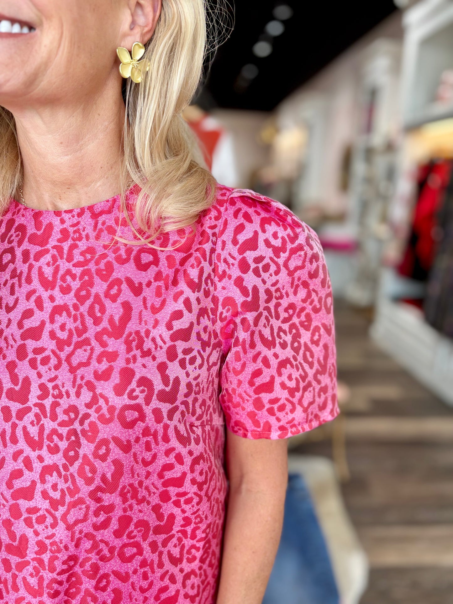 Joy Joy Short Sleeve Flouncy Dress Berry Leopard