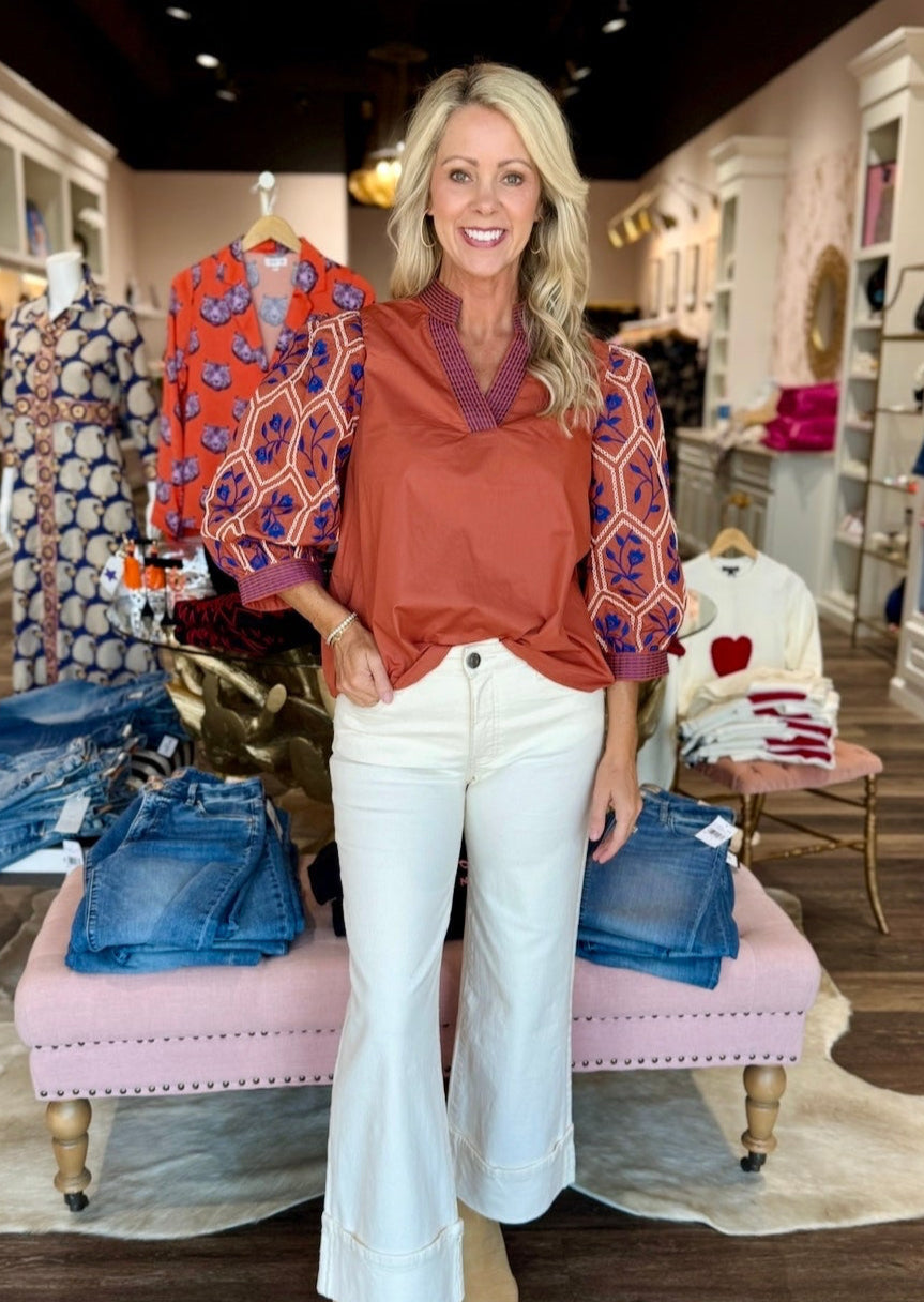 Embroidered 3/4 Sleeve Blouse Rust